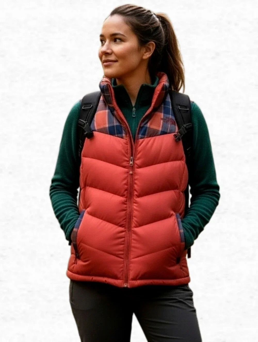 North Face Retro Plaid Vest Large Coral Red Orange Blue Down Puffer Womens Large